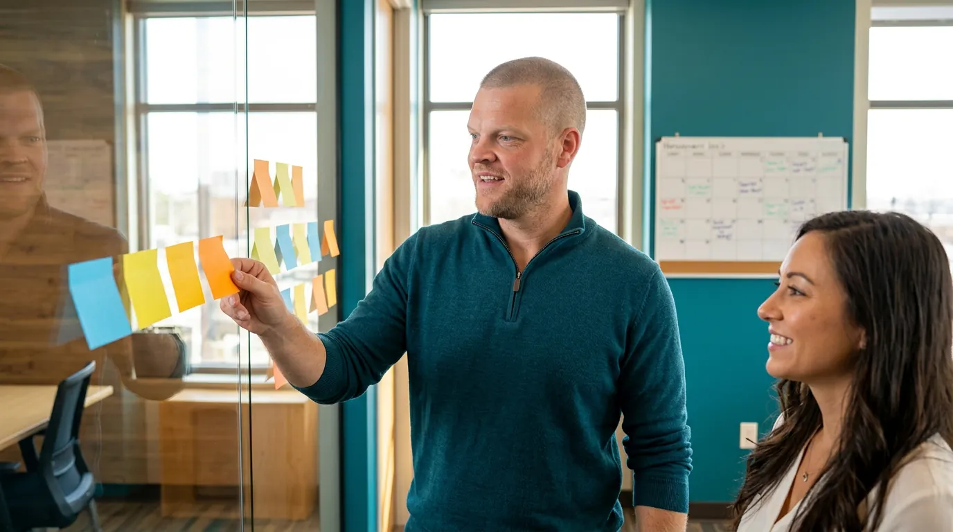 Mike Moore of ICHRA Savings arranging colored sticky notes into a step-by-step ICHRA setup timeline on a glass wall while a business owner watches