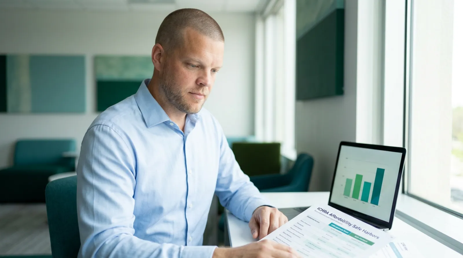 A licensed advisor in a light blue shirt reviews a printed ICHRA Affordability Safe Harbors comparison sheet at his desk, with a laptop showing a simple bar chart beside him.