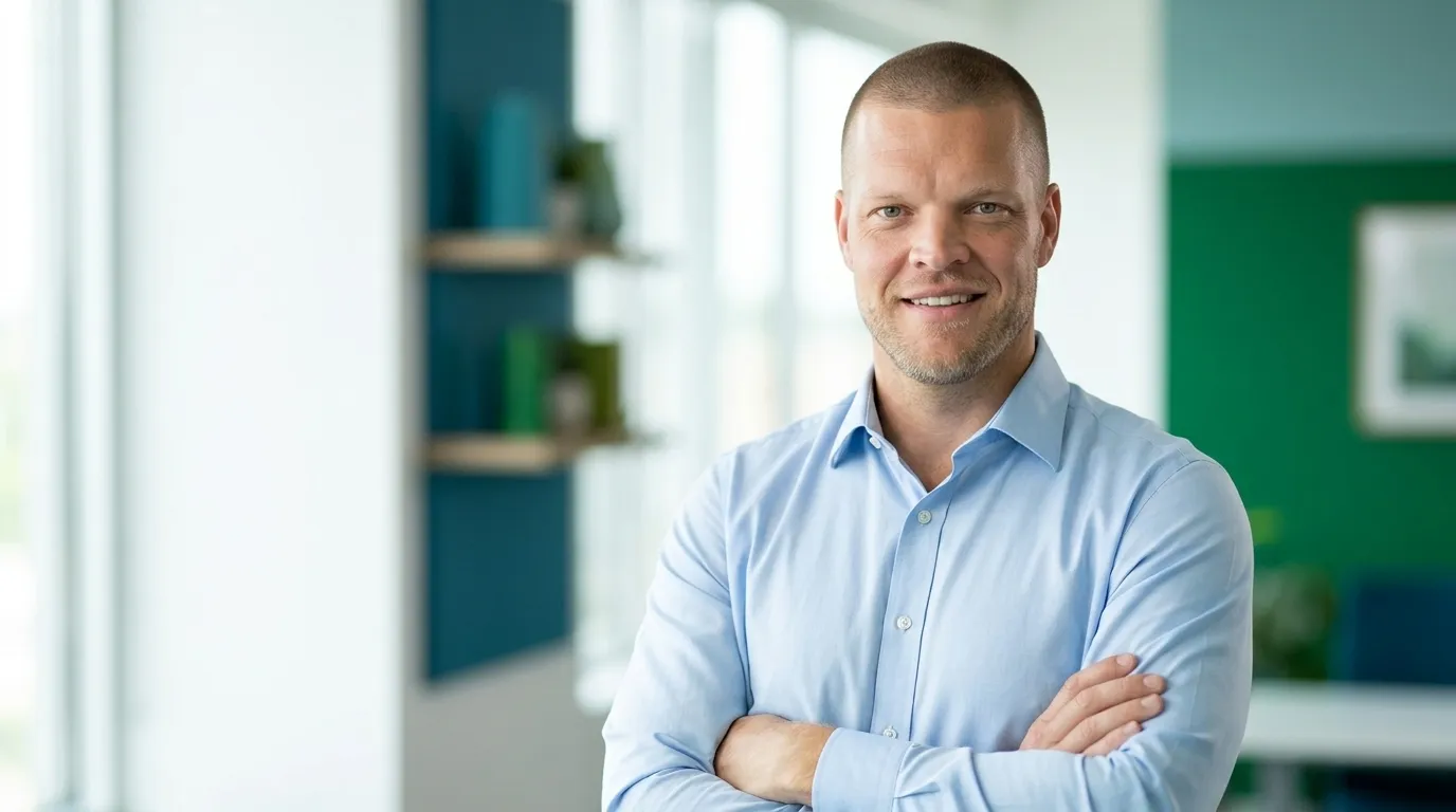 Portrait of Mike Moore, licensed independent insurance agent and founder of ICHRA Savings, in a modern office with teal and savings-green accents, representing the Augusta, Georgia ICHRA versus small-group savings analysis for Richmond County