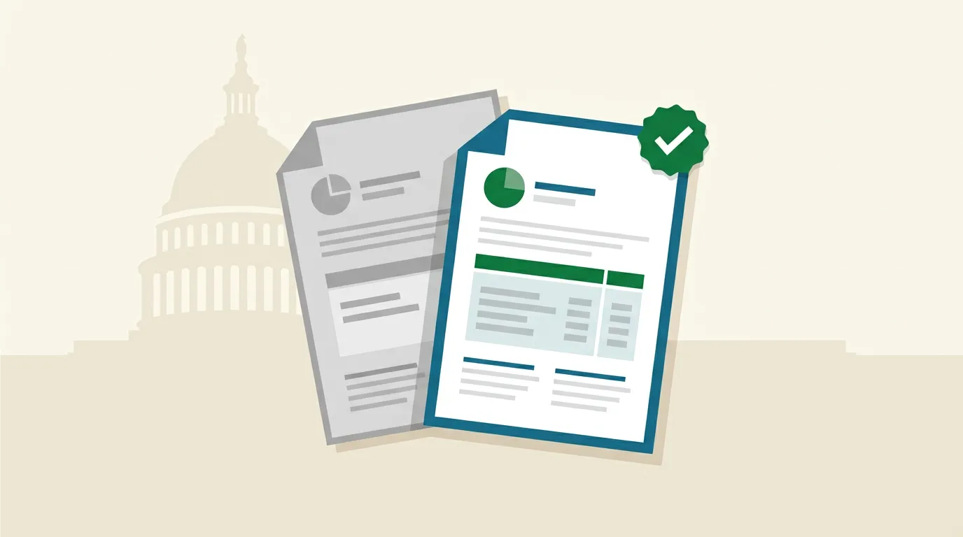 Editorial illustration in teal and savings green showing two stacked legislative documents in front of a faint U.S. Capitol silhouette: a grayed-out paper labeled a proposed rebrand sits behind a crisp teal document representing current, unchanged ICHRA rules, symbolizing a proposal that has not become law