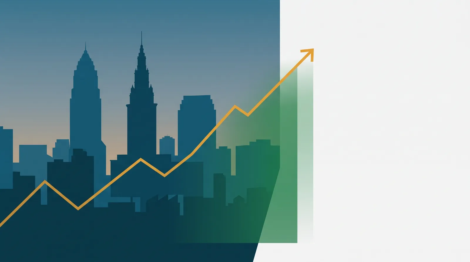 Editorial graphic of the Cleveland, Ohio skyline in teal with an upward data line, illustrating the 2026 ICHRA versus small-group savings estimate for Cuyahoga County