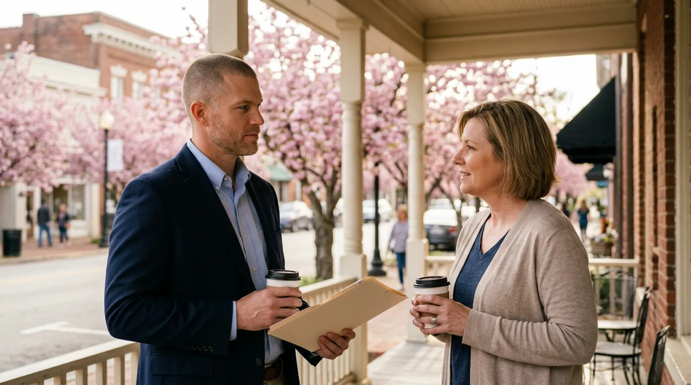 Mike Moore of ICHRA Savings talking with a small business owner on a storefront porch in downtown Macon, Georgia, with cherry trees in bloom