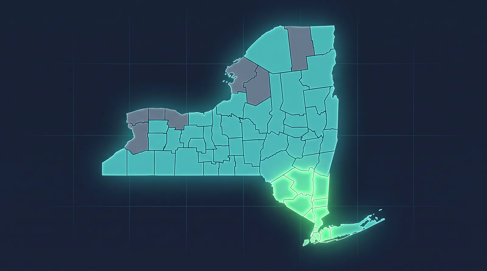 Stylized data-visualization map of New York State divided into county outlines on a dark navy background, with the Hudson Valley and New York City metro area glowing in savings green, a handful of upstate counties in muted gray, and the remainder of the state in brand teal, no legible text.