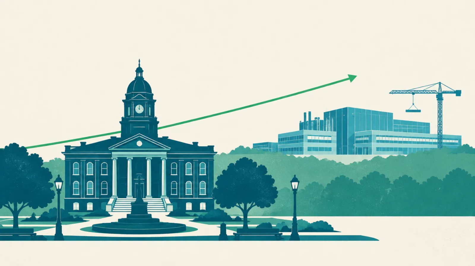 Editorial graphic of the Licking County, Ohio courthouse square in Newark rendered in teal, with a stylized semiconductor-fab silhouette and crane on the horizon representing the Intel construction project, alongside an upward savings-green data line, illustrating the 2026 ICHRA versus small-group savings estimate for Licking County
