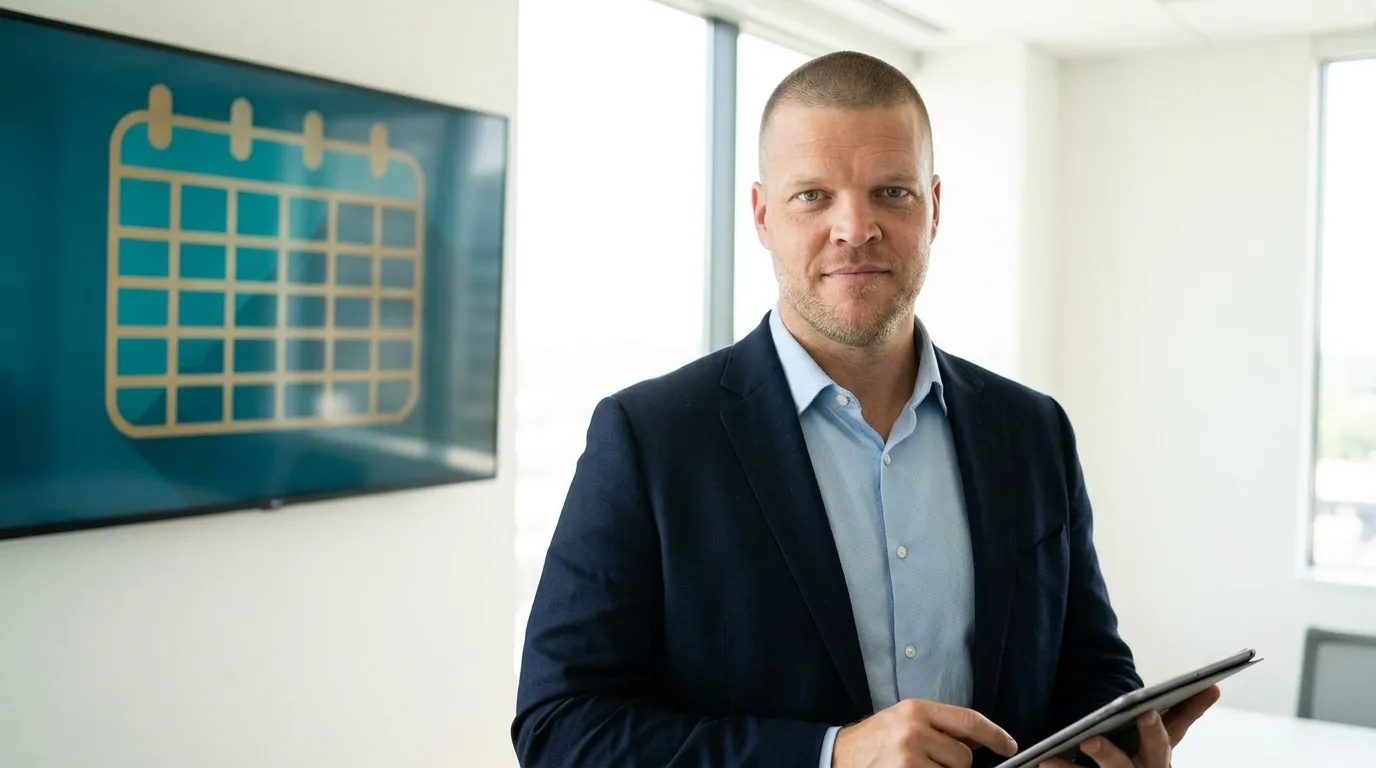 Photo of Mike Moore, a licensed insurance advisor, in a bright modern office holding a tablet, standing beside a wall screen showing an abstract calendar grid graphic in teal and gold.
