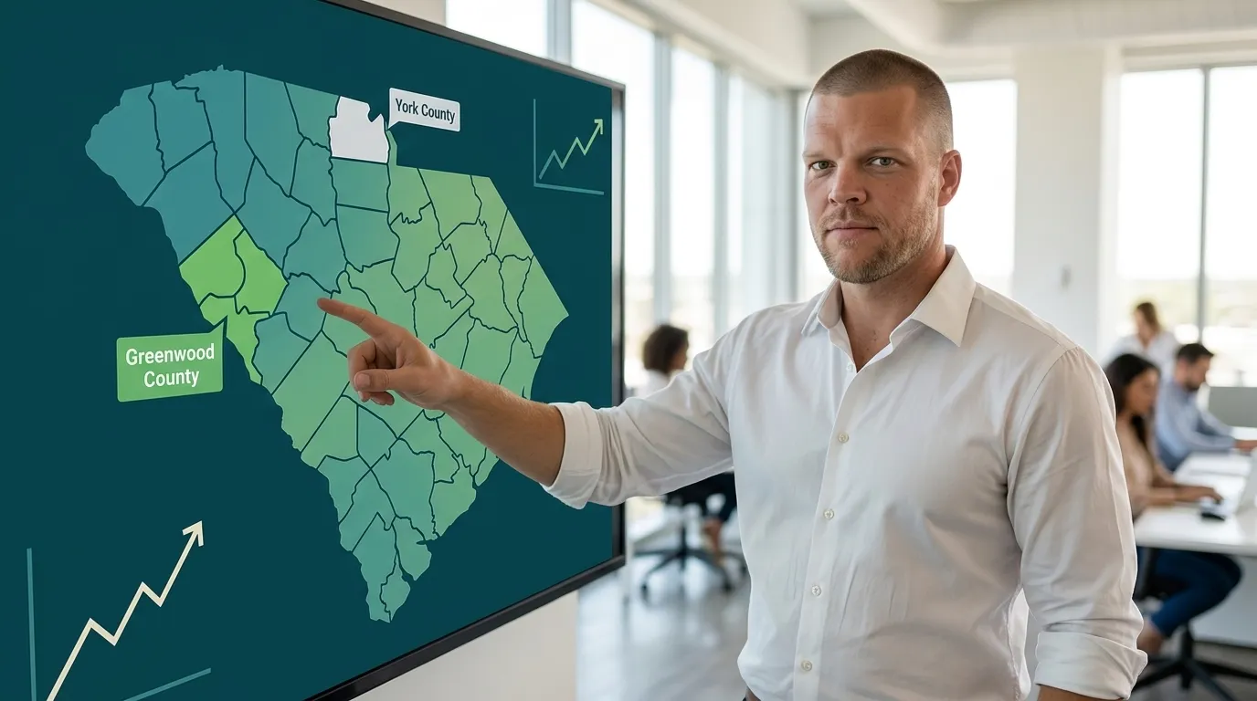 Editorial photograph of an insurance advisor pointing at a digital South Carolina county map in teal and savings green, with callouts on Greenwood County, the state's strongest ICHRA county, and York County, its weakest.
