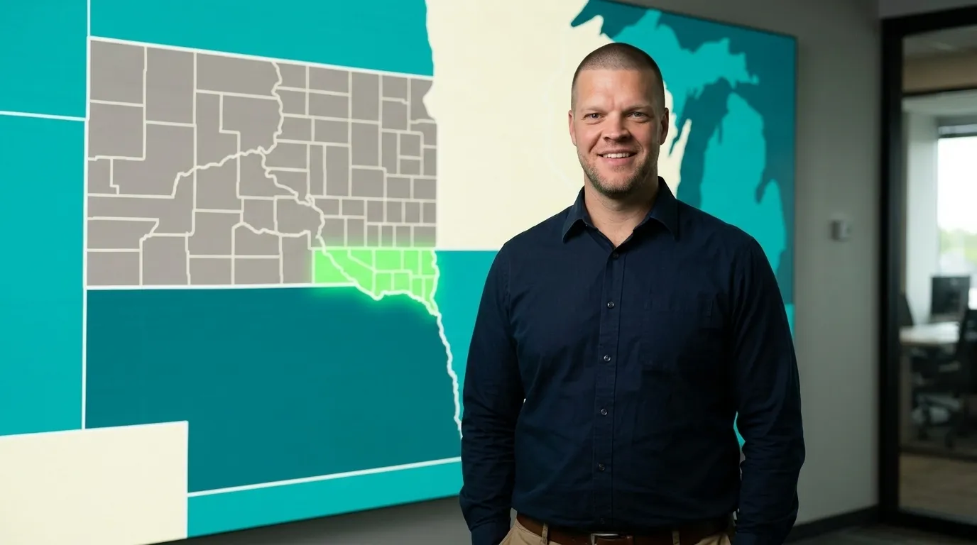 Editorial photograph of an insurance advisor with short buzzed hair standing in front of a digital wall display showing a stylized map of South Dakota and its neighboring states, the South Dakota counties shaded neutral gray and a cluster of counties across the Nebraska border highlighted in savings green.
