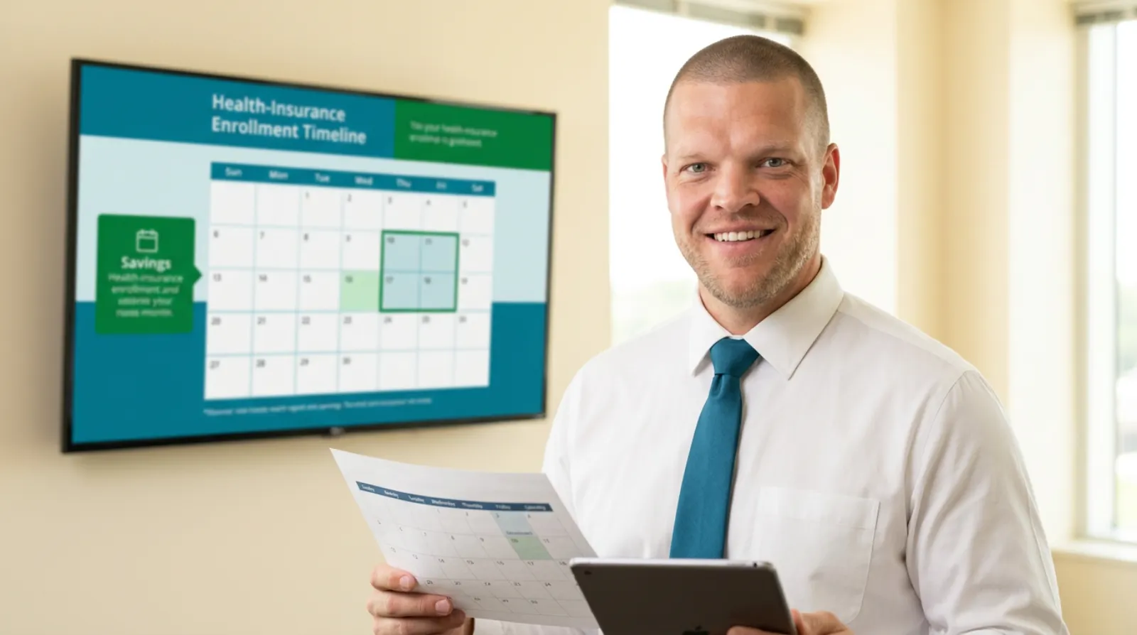 Photo of Mike Moore, a licensed insurance advisor, in a bright office holding a printed enrollment calendar and a tablet, with a wall screen behind him showing a health insurance enrollment timeline graphic.