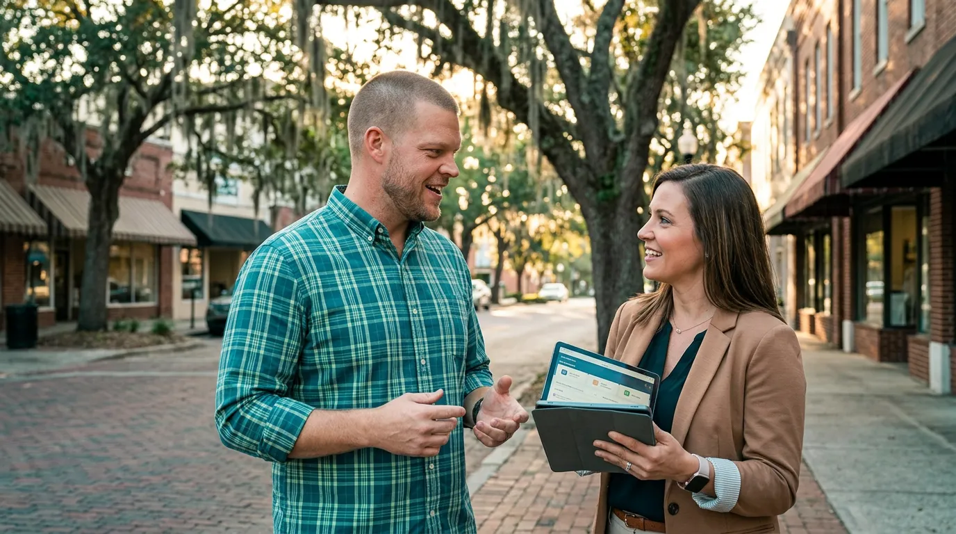 Mike Moore of ICHRA Savings talking with a small business owner outside a storefront near downtown Valdosta, Georgia, with live oak trees and Spanish moss along the street
