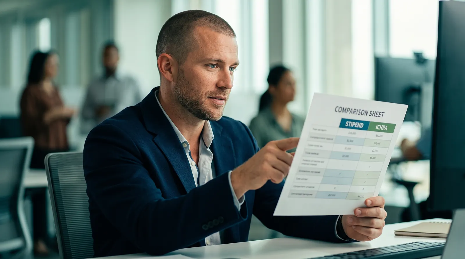 Editorial photograph of an insurance advisor reviewing a printed comparison sheet headed STIPEND and ICHRA, illustrating the 2026 tax treatment gap between a taxable health stipend and a compliant Individual Coverage HRA
