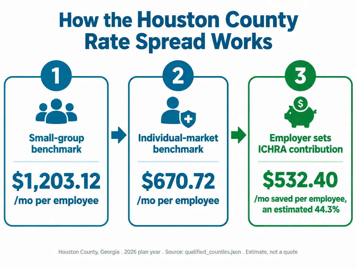 Infographic titled How the Houston County Rate Spread Works, showing three steps: step one, small-group benchmark $1,203.12 per month per employee; step two, individual-market benchmark $670.72 per month per employee; step three, employer sets ICHRA contribution, $532.40 per month saved per employee, an estimated 44.3 percent. Sourced to qualified_counties.json, Houston County Georgia, 2026 plan year, estimate not a quote