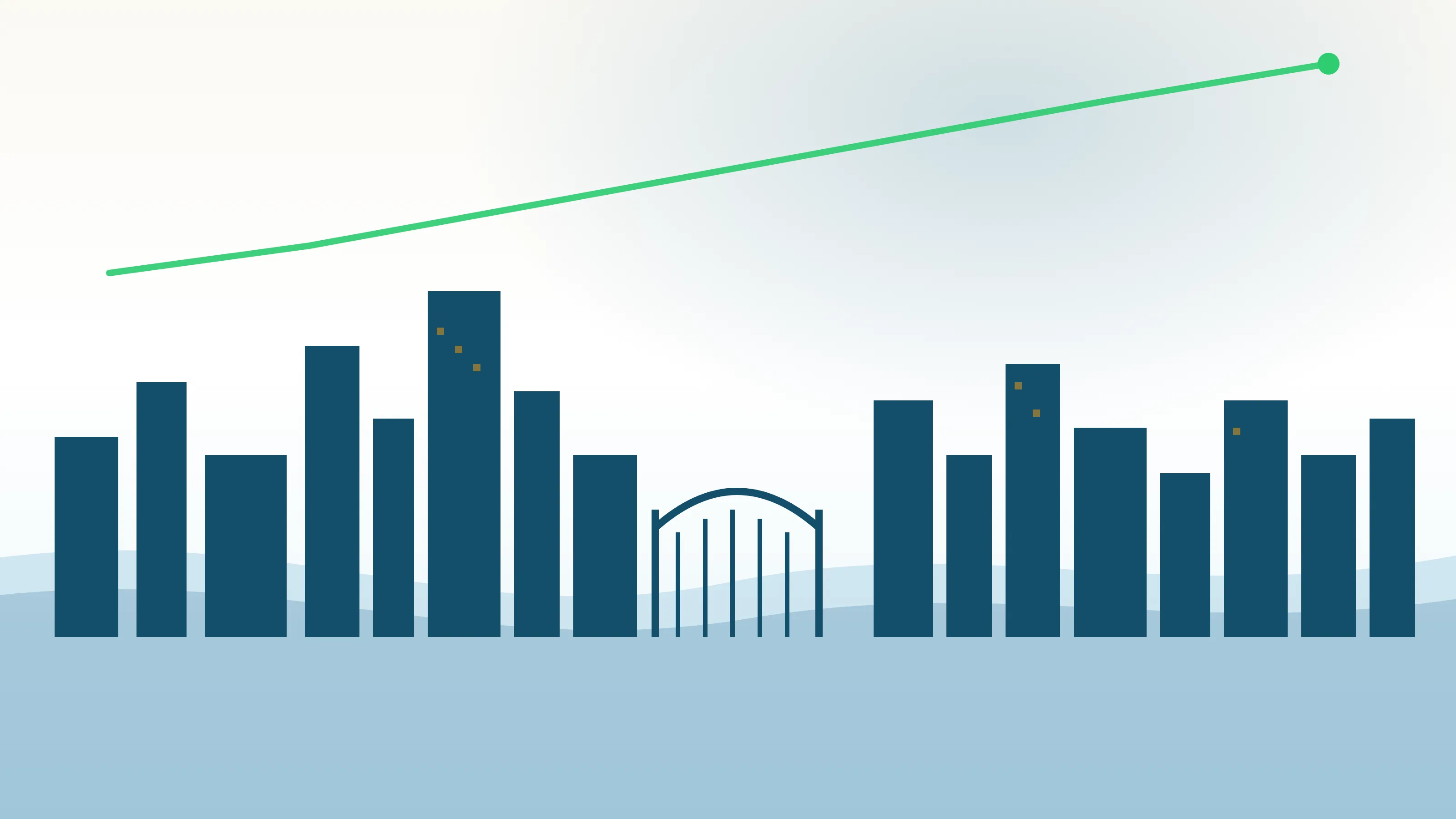 Editorial graphic of the Youngstown, Ohio skyline in teal with the Mahoning River and downtown high-rises silhouetted, alongside an upward savings-green data line, illustrating the 2026 ICHRA versus small-group savings estimate for Mahoning County
