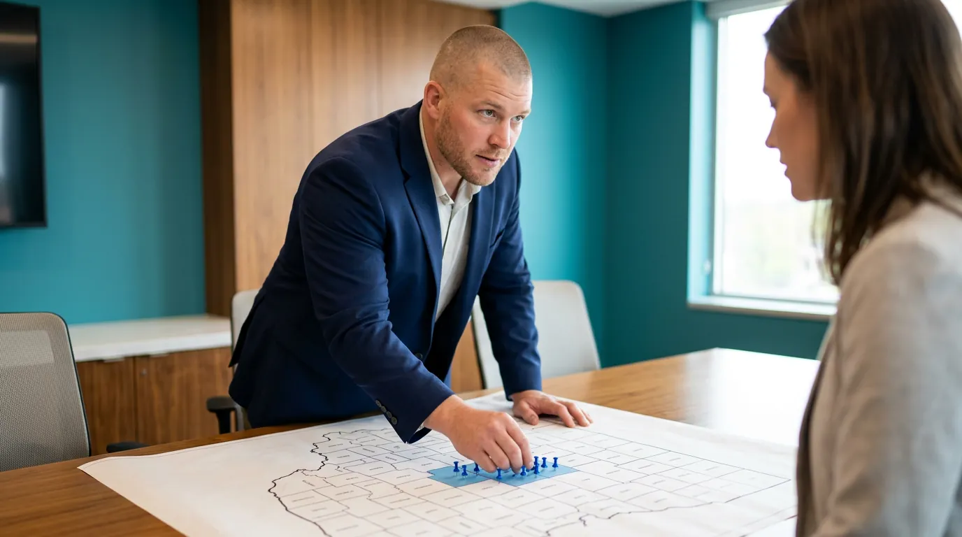 Mike Moore of ICHRA Savings placing matching pins on a cluster of neighboring counties on a large Ohio map to show a shared rating area